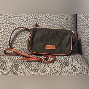 Dooney & Bourke Olive Nylon Pouchette Crossbody Bag Brown Leather Trim 8x5